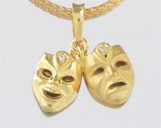 Italian 18k Gold and Diamond Theater Mask Pendant on Chain 
