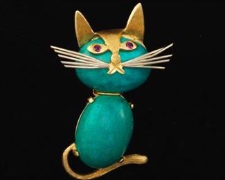 Italian TurquoiseColor Stone and Gold Cat Brooch 