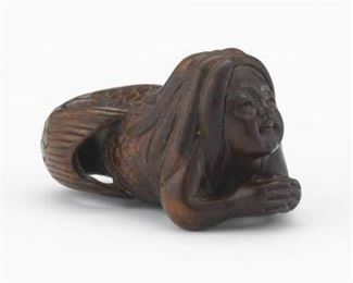 Japanese Carved Rosewood Mermaid and Pearl Signed Netsuke