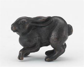 Japanese Patinated and Silvered Bronze Signed Netsuke of a Hare 