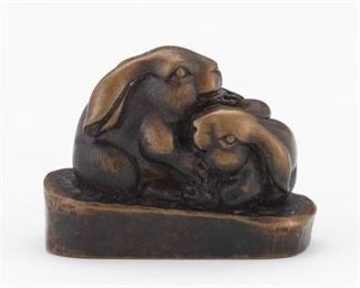 Japanese Patinated Bronze Signed Netsuke of Two Frolicking Hares 