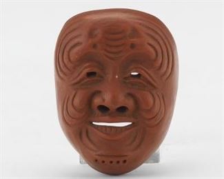 Japanese Red Clay Signed Mask Netsuke of Good Fortune