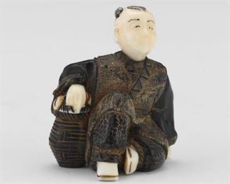 Japanese Warthog and Horn, MotherofPearl Signed Netsuke of Man with Basket of Peaches by Lan Xian
