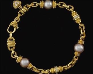 Judith Ripka Gold, Pearl and Diamond Bracelet 