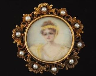 Kremenz Miniature Portrait, Gold and Pearl Brooch 