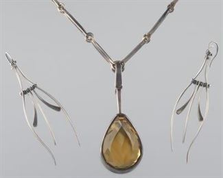 Ladies JB Designers Sterling Silver and Oversized Amber Topaz Necklace and Pair of Fringe Earrings 