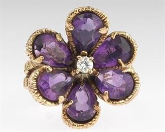 Ladies Amethyst and Diamond Flower Ring 
