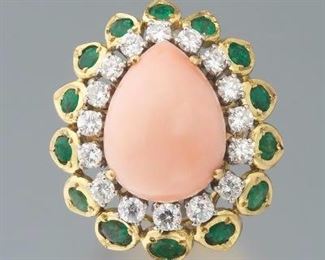 Ladies Angel Skin Coral, Diamond and Emerald Ring 