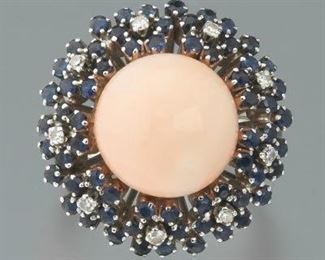Ladies Angel Skin Coral, Sapphire and Diamond Ring 