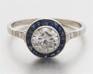 Ladies Art Deco Gold, 0.96 ct Diamond and Blue Sapphire Ring 