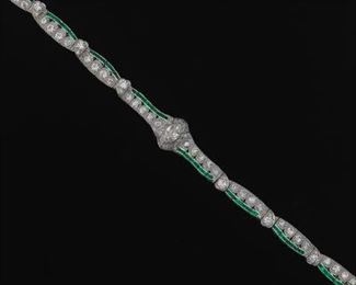 Ladies Art Deco Platinum, 6.55 ct Total Diamond and Emerald Bracelet 