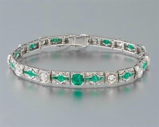 Ladies Art Deco Platinum, Emerald and Diamond Bracelet 