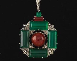 Ladies Art Deco Wachenheimer Brothers Sterling Silver, Green Onyx, Carnelian and Marcasite Pendant on Figaro Chain 