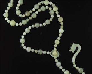 Ladies Carved Celadon Jade Bead Necklace with Dragon Hook 