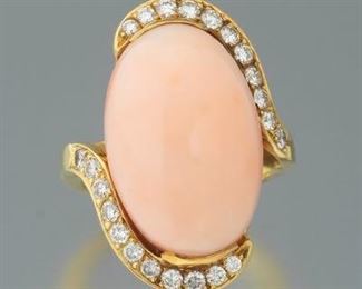 Ladies CELLINO Gold, Angel Skin Coral and Diamond Ring 