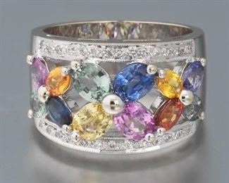 Ladies Color Sapphire, Diamond and Gold Ring 