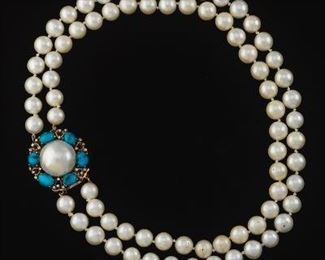Ladies Double Strand Pearl, Turquoise and Diamond Clasp 