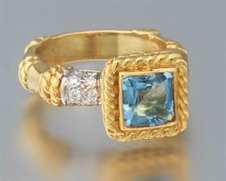 Ladies Etruscan Revival Gold, Blue Topaz and Diamond Ring 