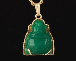 Ladies Gold and Carved Green Jade Nephrite Buddha Pendant on Chain 
