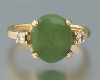 Ladies Gold and Craved Green Jade Ring 