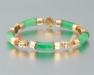 Ladies Gold and Green Jadeite Jade Bracelet 
