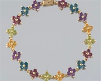 Ladies Gold and Multicolor Gemstone Floral Design Bracelet 