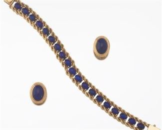 Ladies Gold and Lapis Bracelet and Ear Clips 