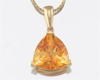 Ladies Gold and Trillion Cut Amber Citrine Pendant on Chain 