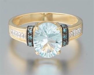 Ladies Gold, Aquamarine, Blue and White Diamond Ring 