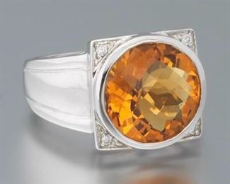 Ladies Gold, Amber Citrine and Diamond Ring 
