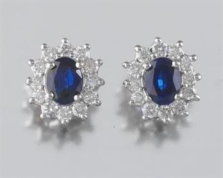 Ladies Gold, Blue Sapphire and Diamond Pair of Earrings 
