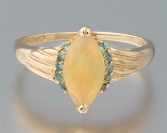Ladies Gold, Fire Opal and Blue Topaz Navette Ring 