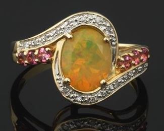 Ladies Gold, Fire Opal, Pink Tourmaline and Diamond Bypass Ring 