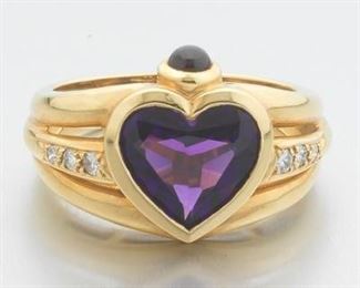 Ladies Gold, Heart Cut Amethyst and Diamond Fashion Ring 