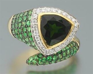 Ladies Gold, Green Tourmaline and Tsavorite Serpent Style Fashion Ring 