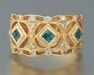 Ladies Gold, White and Blue Diamond Band 