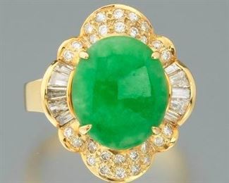 Ladies Green Jade and Diamond Ring 