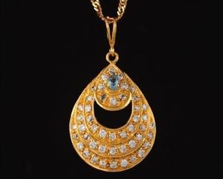 Ladies High Carat Gold and Clear Stones Peacock Feather Pendant on Chain 