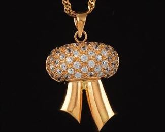 Ladies High Carat Gold and Clear Stones Ribbon Pendant on Chain 