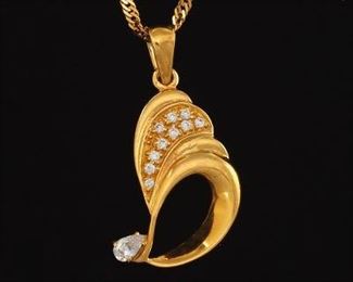 Ladies High Carat Gold and Clear Stones Plume Pendant on Chain