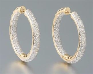 Ladies Impressive Gold and 6.75 ct Total Diamond Pair of Large Inside and Out Hoop Earrings 