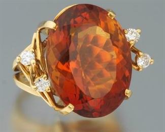 Ladies Impressive Gold, Orange Amber Citrine and Diamond Cocktail Ring 