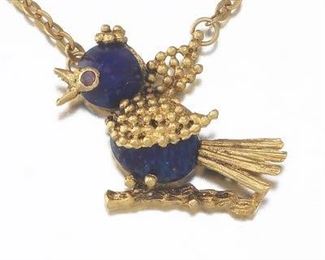 Ladies Italian Gold, Lapis Lazuli and Ruby Bird Necklace