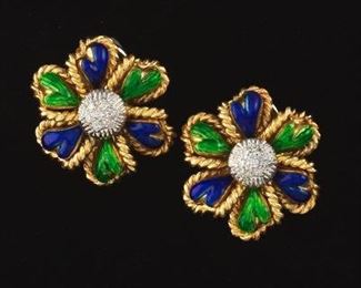 Ladies Italian Gold Pair of Guilloche Enamel and Diamond Floral Ear Clips 