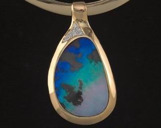Ladies John Atencio Gold Flex Collar Necklace with Opal Boulder and Diamond Pedant 
