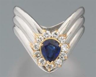 Ladies Platinum, Gold, Blue Sapphire and Diamond Chevron Fashion Ring 