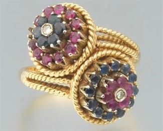 Ladies Retro 18k Gold, Ruby and Sapphire Ring 