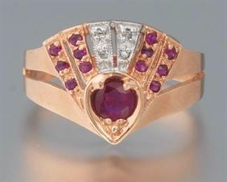 Ladies Retro Gold, Ruby and Diamond Fan Plume Ring 