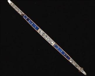 Ladies Retro Gold, Blue Sapphire and Diamond Bar Pin 