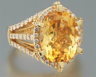Ladies Stately Gold, Amber Citrine and Diamond Cocktail Ring 